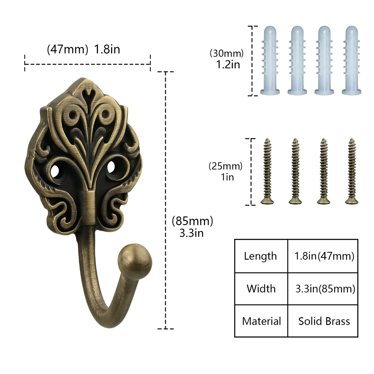 Dimension diagram for antique brass wall hook showing 3.3 inch height and 1.8 inch width with screws