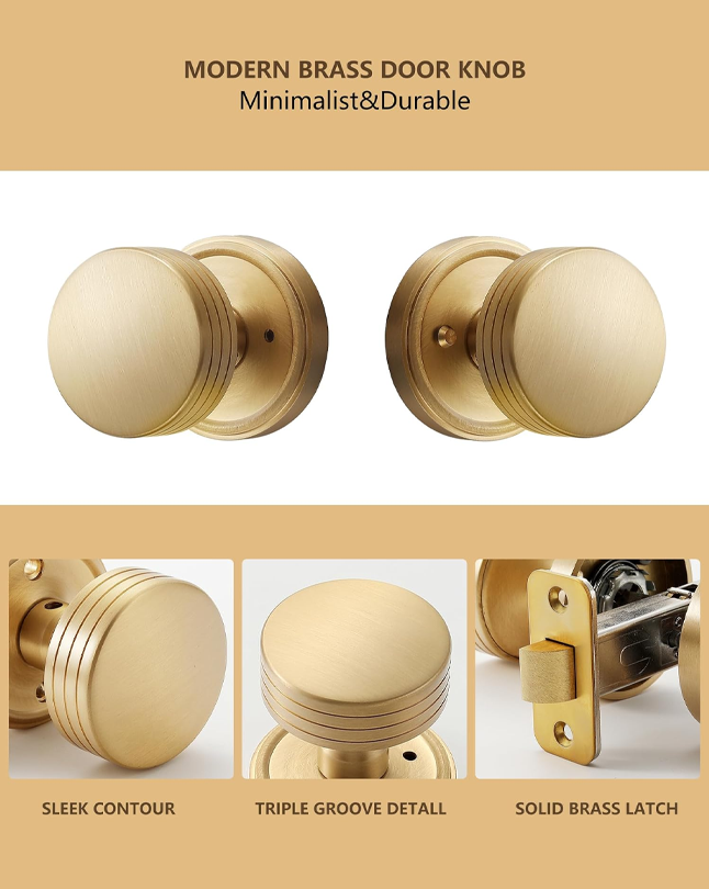Minimalist Brass Privacy Door Knob – Decorative Groove Design, Brushed Brass Finish, Solid Brass Latch – 60mm Fixed Backset for Bedroom & Bathroom (Brushed Brass, Privacy-2.375 in)