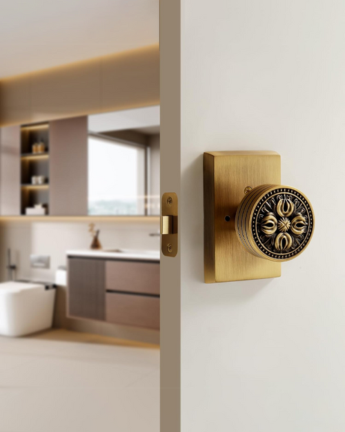 FLIRABBIT Antique Brass Vintage Floral Door Knob – Solid Brass Construction, Vintage Design, Secure and Durable for Home and Office (Antique Brass, Privacy)