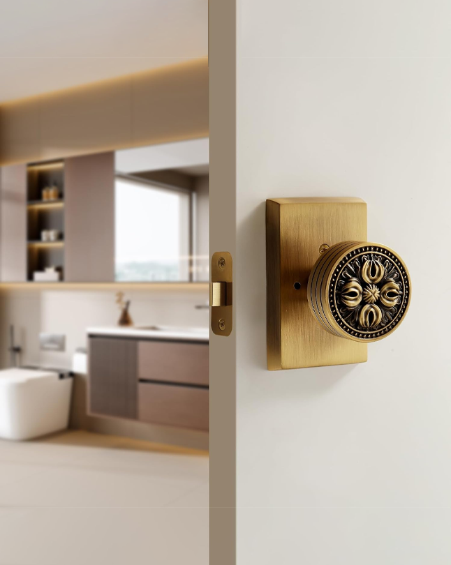 FLIRABBIT Antique Brass Vintage Floral Door Knob – Solid Brass Construction, Vintage Design, Secure and Durable for Home and Office (Antique Brass, Privacy)