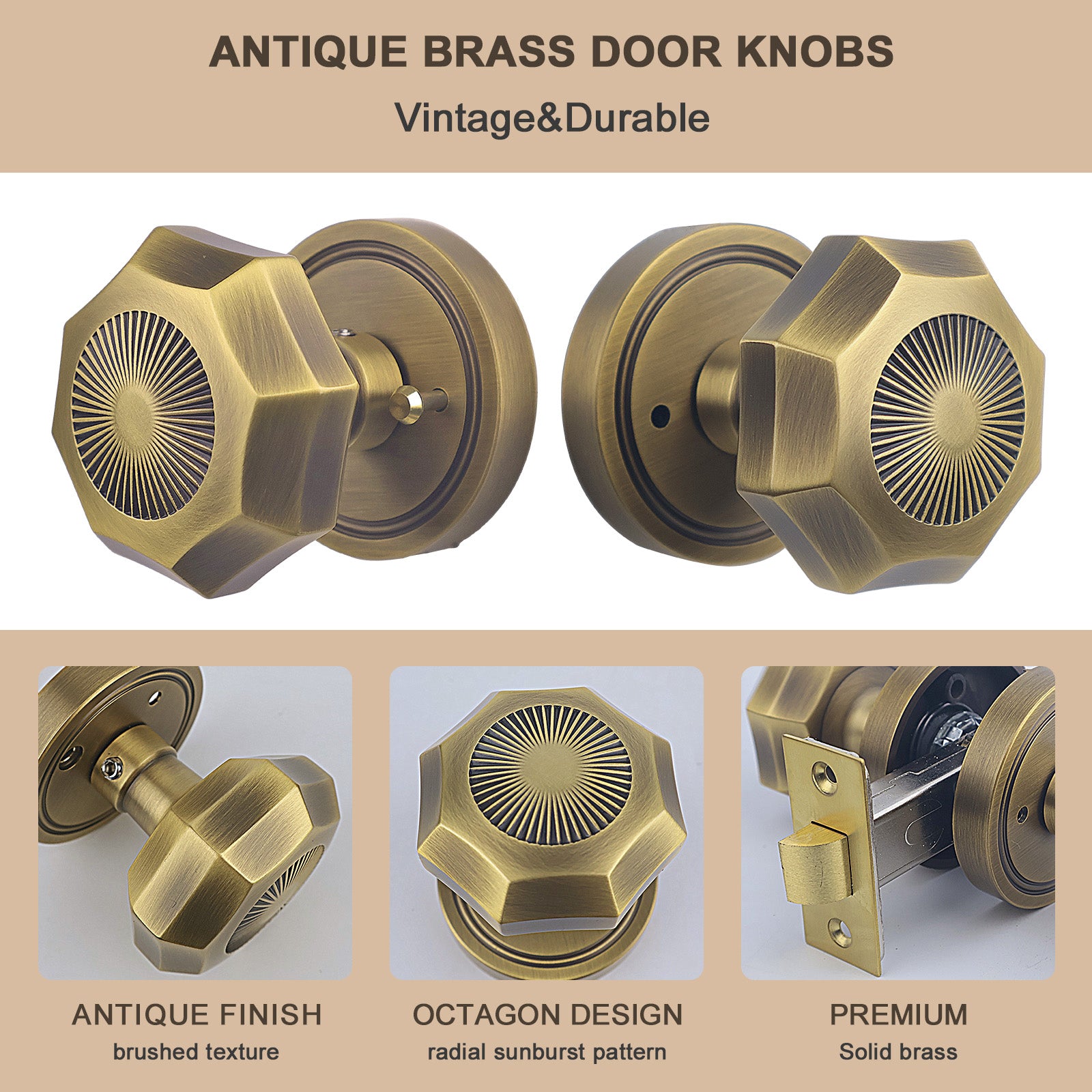FLIRABBIT Antique Brass Privacy Door Knob Lock – Octagonal Sunburst Design, Solid Brass Handle Easy Install for Bedroom Bathroom Interior Doors (Antique Brass, Privacy-2.375)