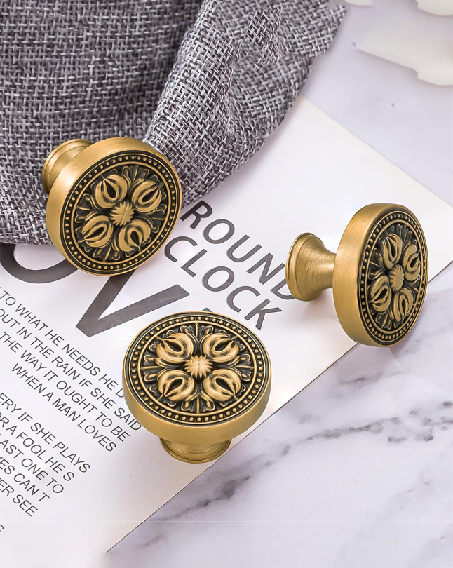 FLIRABBIT10 Pack Antique Brass Cabinet Knobs – Vintage Solid Brass Drawer Pulls with Floral Design, 1.25" Decorative Knobs for Kitchen Cabinets, Wardrobe, Sideboard, Dresser or Bathroom Vanity