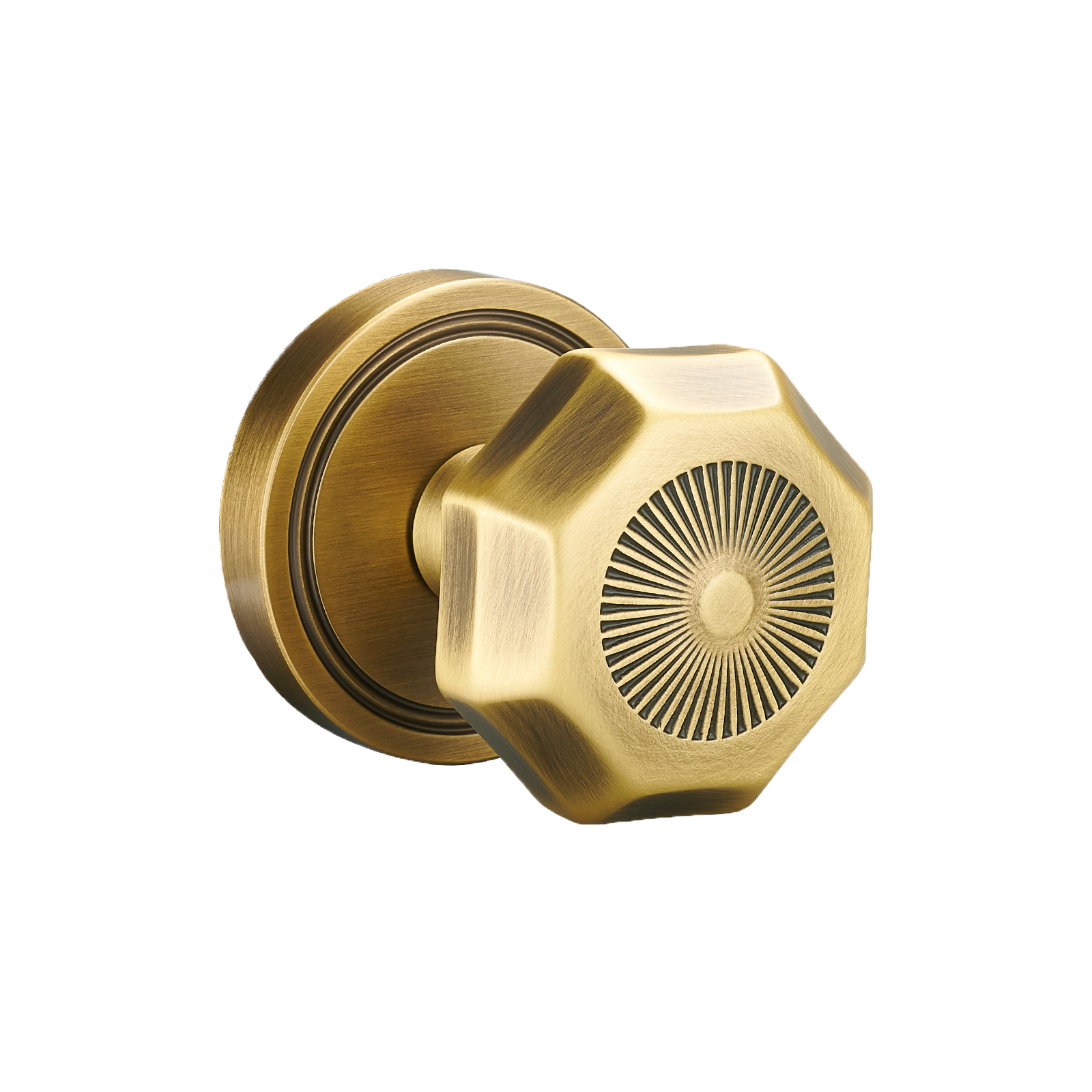 Sunburst Octagonal Antique Brass Dummy Door Knob Set | Art Deco Decorative Brass Handle for Closet & French Doors (2 Pack)