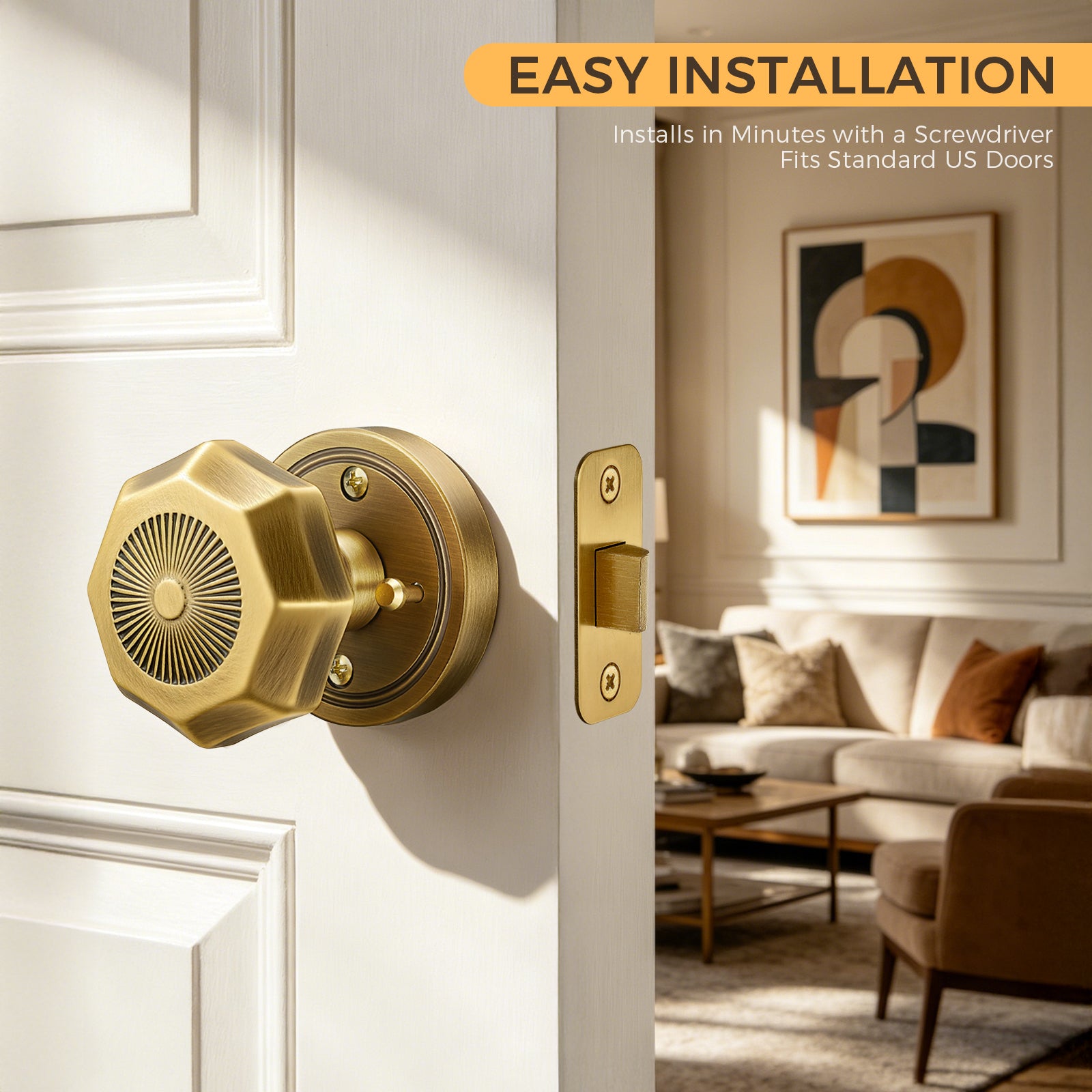 Sunburst Octagonal Antique Brass Privacy Door Knob | Art Deco Brass Handle for Bedroom & Bathroom