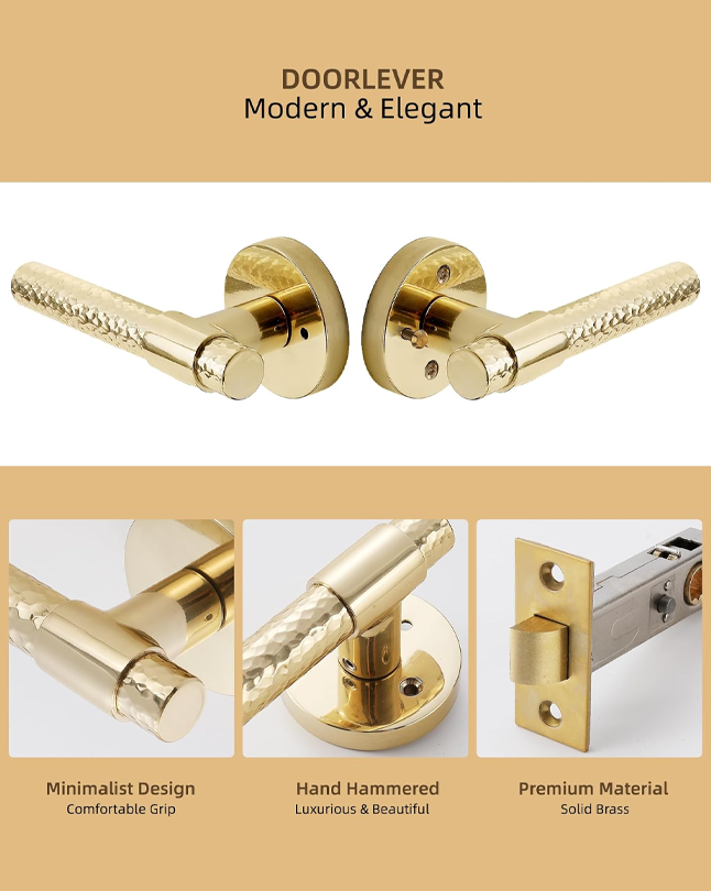 FLIRABBIT Vintage Hand-Hammered Brass Privacy Door Lever – Solid Brass with Polished Finish, Artisan Interior Lock Handle for Bedroom & Bathroom Doors