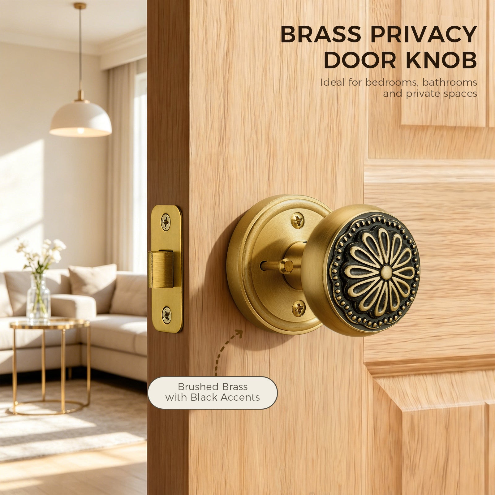 Brushed Brass Floral Privacy Door Knob | Brass-on-Black Art Deco Handle for Bedroom & Bathroom
