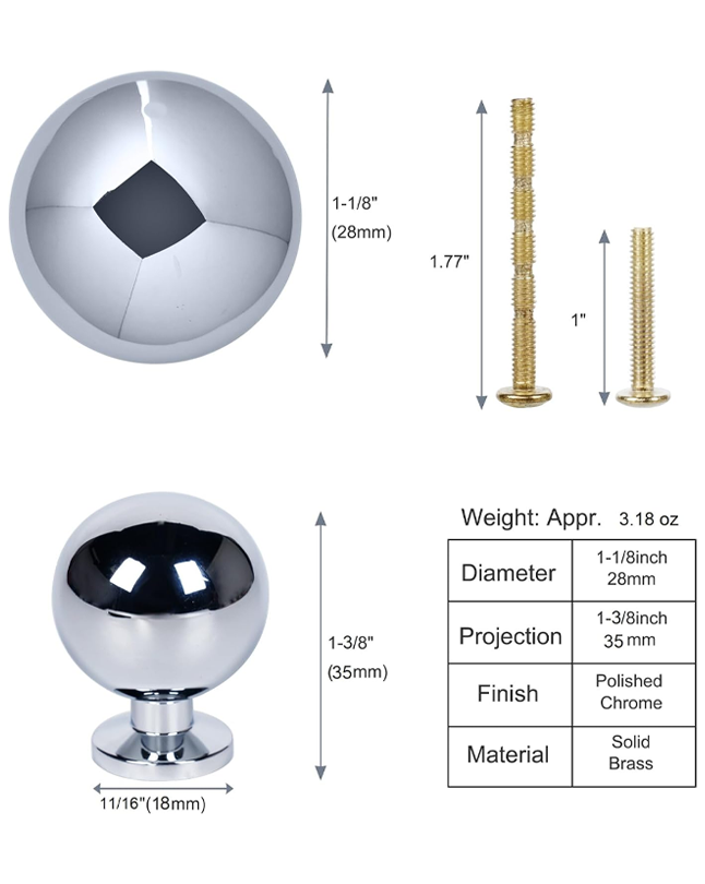 Round-Ball Polished-Chrome Cabinet Knobs - 5 Pack Solid Brass Handles Hardware for Dresser Kitchen Bedroom Bathroom Drawer