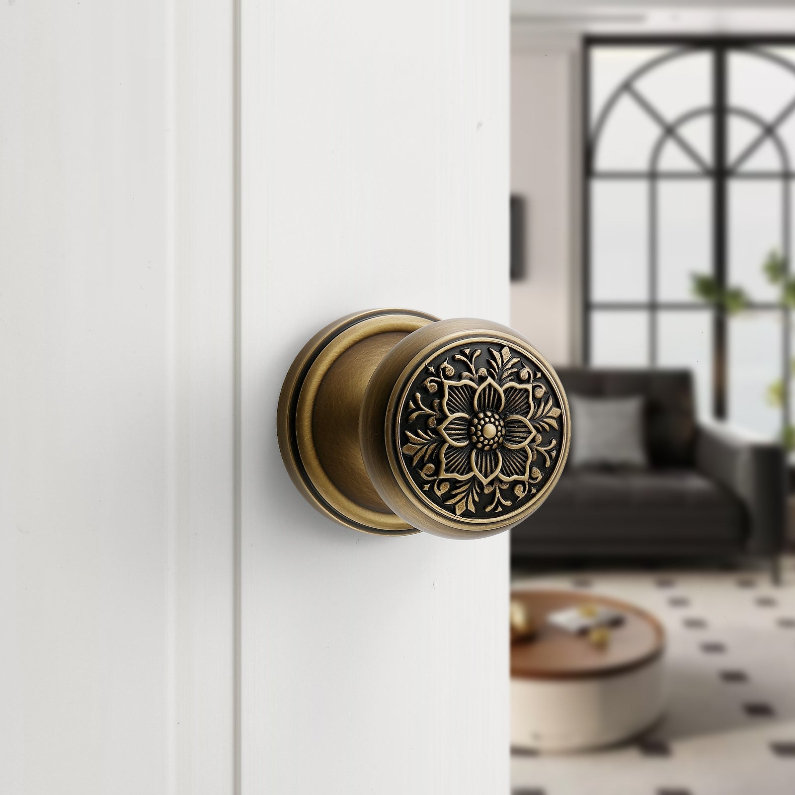 Antique Brass Floral Passage Door Knob | Brass Vintage Interior Handle for Hallway & Closet