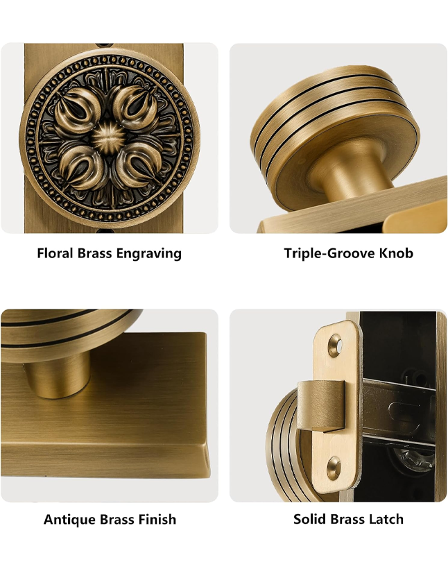 FLIRABBIT Antique Brass Vintage Floral Door Knob – Solid Brass Construction, Vintage Design, Secure and Durable for Home and Office (Antique Brass, Privacy)