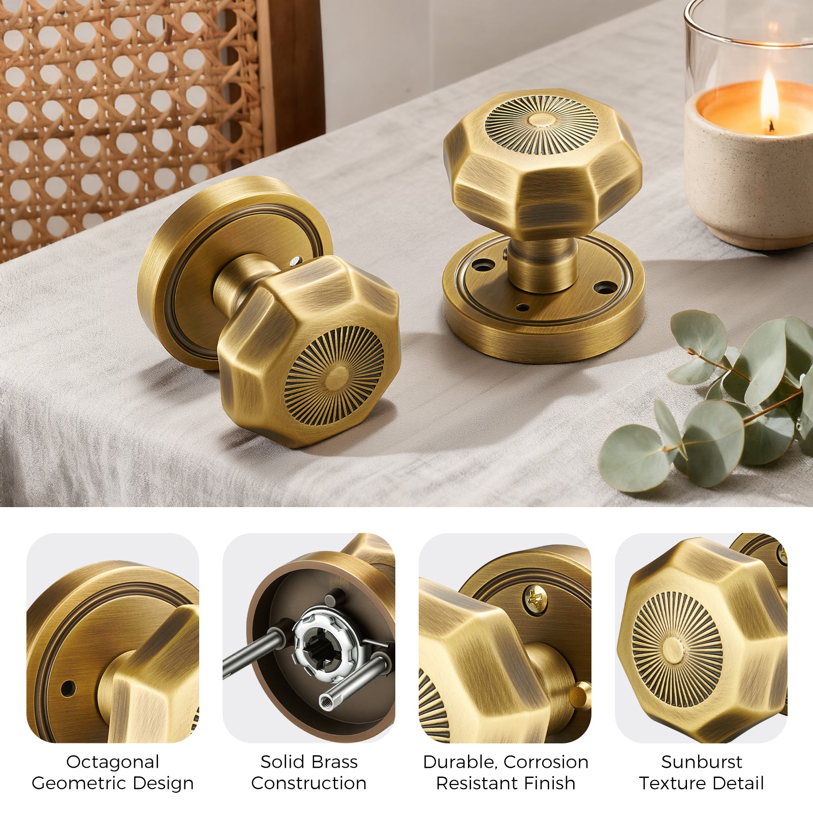 Sunburst Octagonal Antique Brass Privacy Door Knob | Art Deco Brass Handle for Bedroom & Bathroom