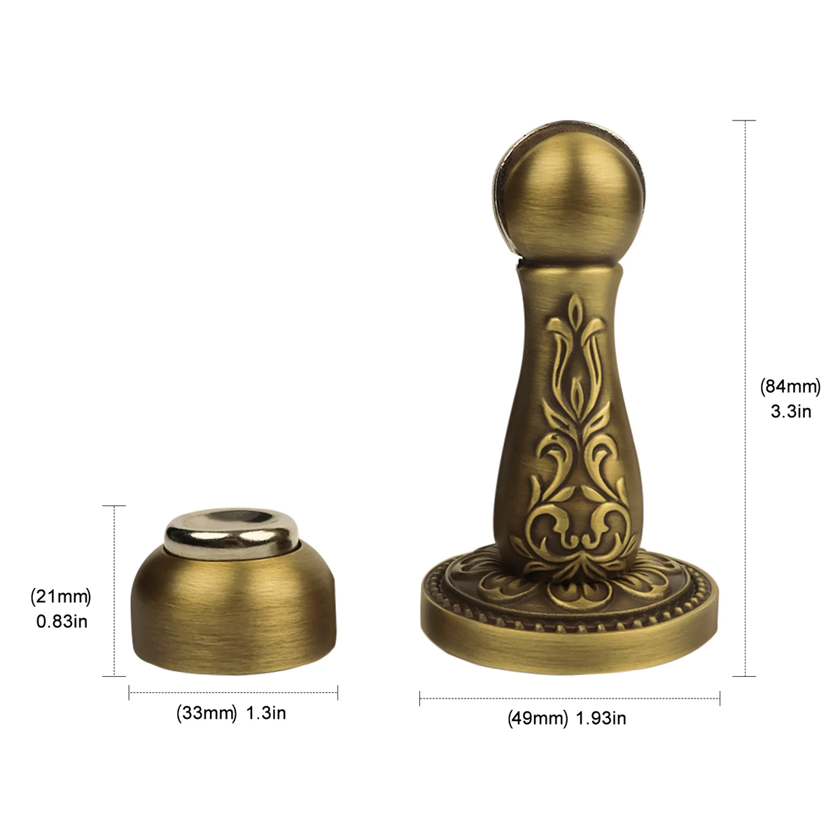 Dimension diagram for antique brass magnetic door stop showing height and base width