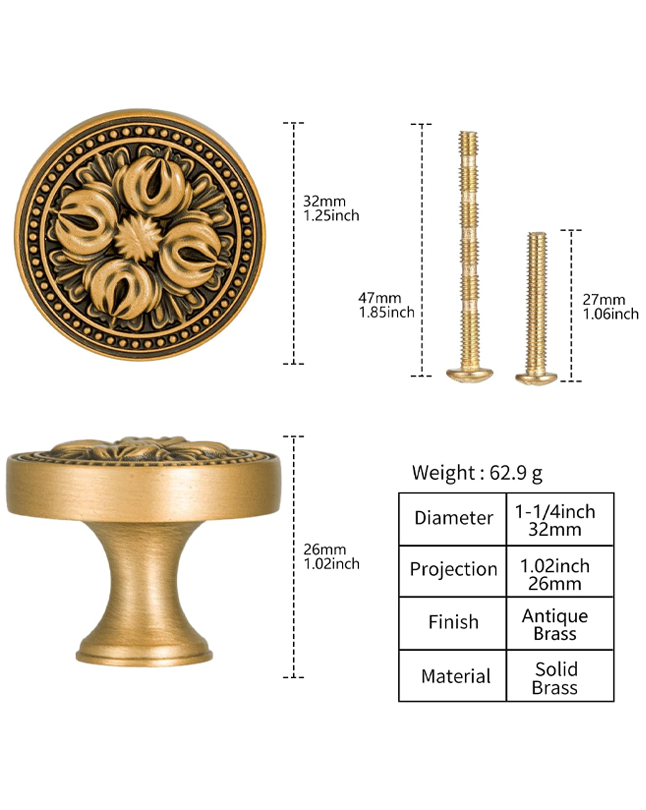 FLIRABBIT10 Pack Antique Brass Cabinet Knobs – Vintage Solid Brass Drawer Pulls with Floral Design, 1.25" Decorative Knobs for Kitchen Cabinets, Wardrobe, Sideboard, Dresser or Bathroom Vanity