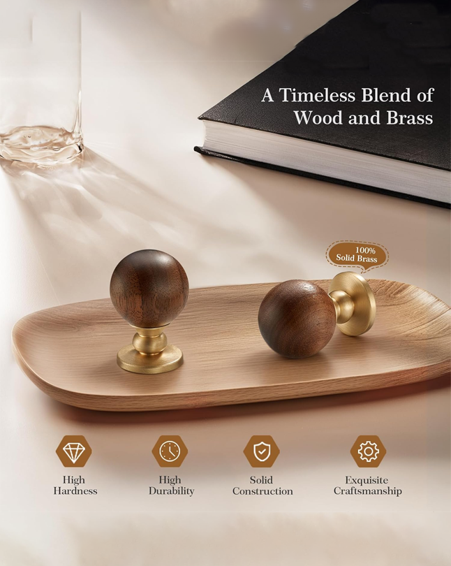 Wood and Brass Cabinet Knobs, 1-1/8inch Round Drawer Pull, Natural Wooden Handle for Furniture, Cabinets, and Drawers 2 Pack
