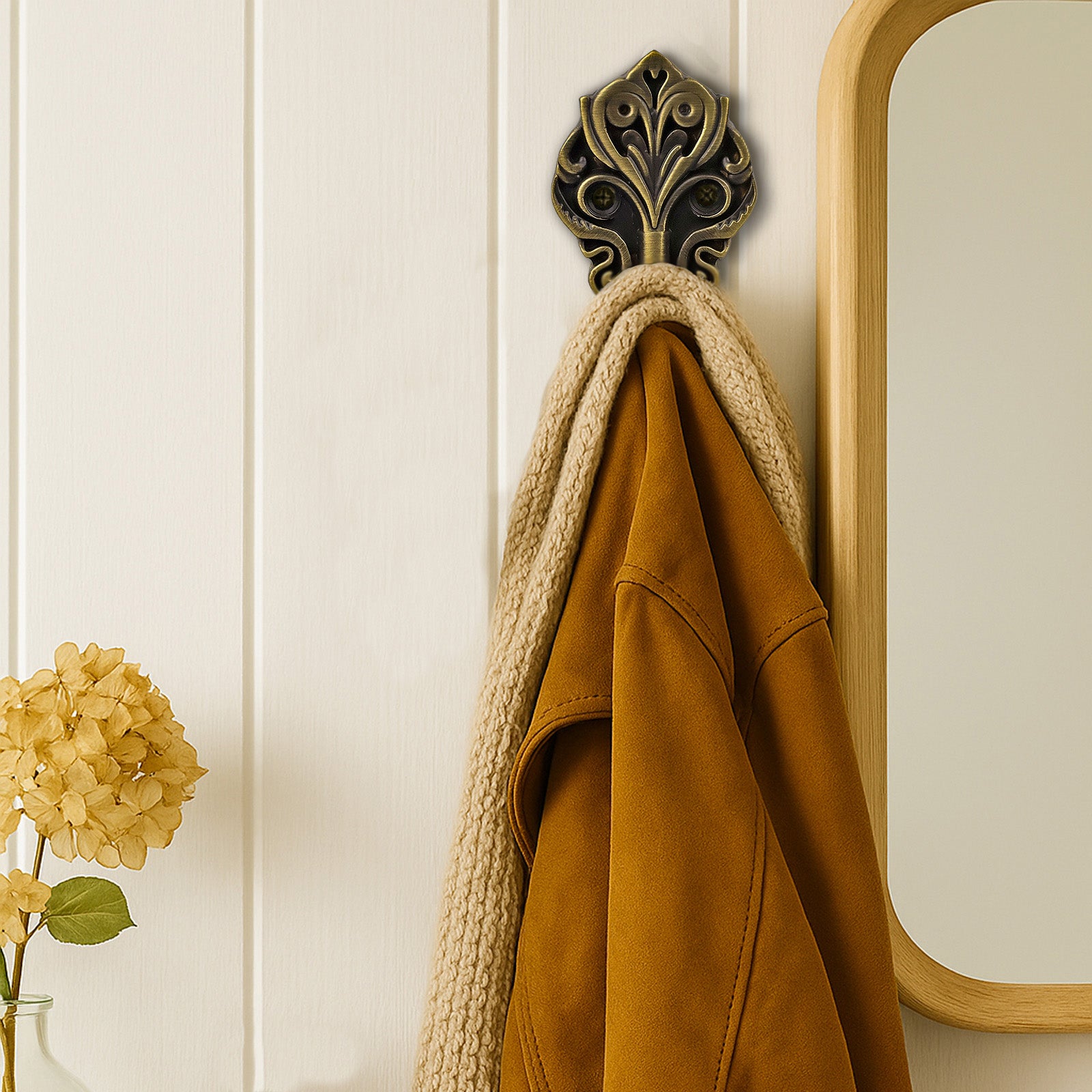 Antique Brass Wall Hook | Decorative Acanthus Floral Coat Hook for Entryway, Bathroom & Bedroom (2 Pack)