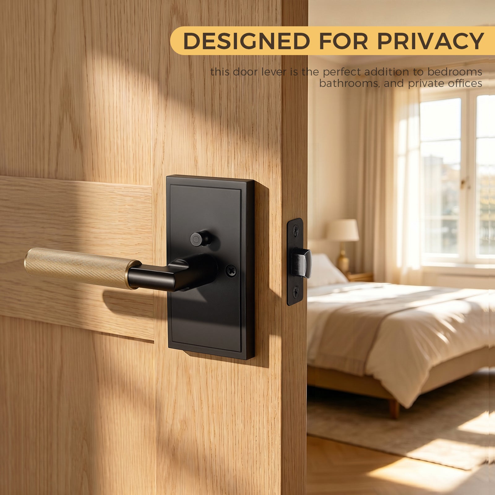 Matte black privacy door lever with knurled brass handle installed on wooden interior door