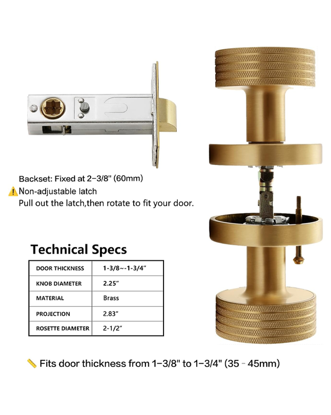 Knurled Brass Privacy Door Knob – Industrial Style Grip Handle, Solid Brass Build, Brushed Finish – 60mm Latch for Bedroom & Bathroom (Brushed Brass, Privacy-2.375 in)