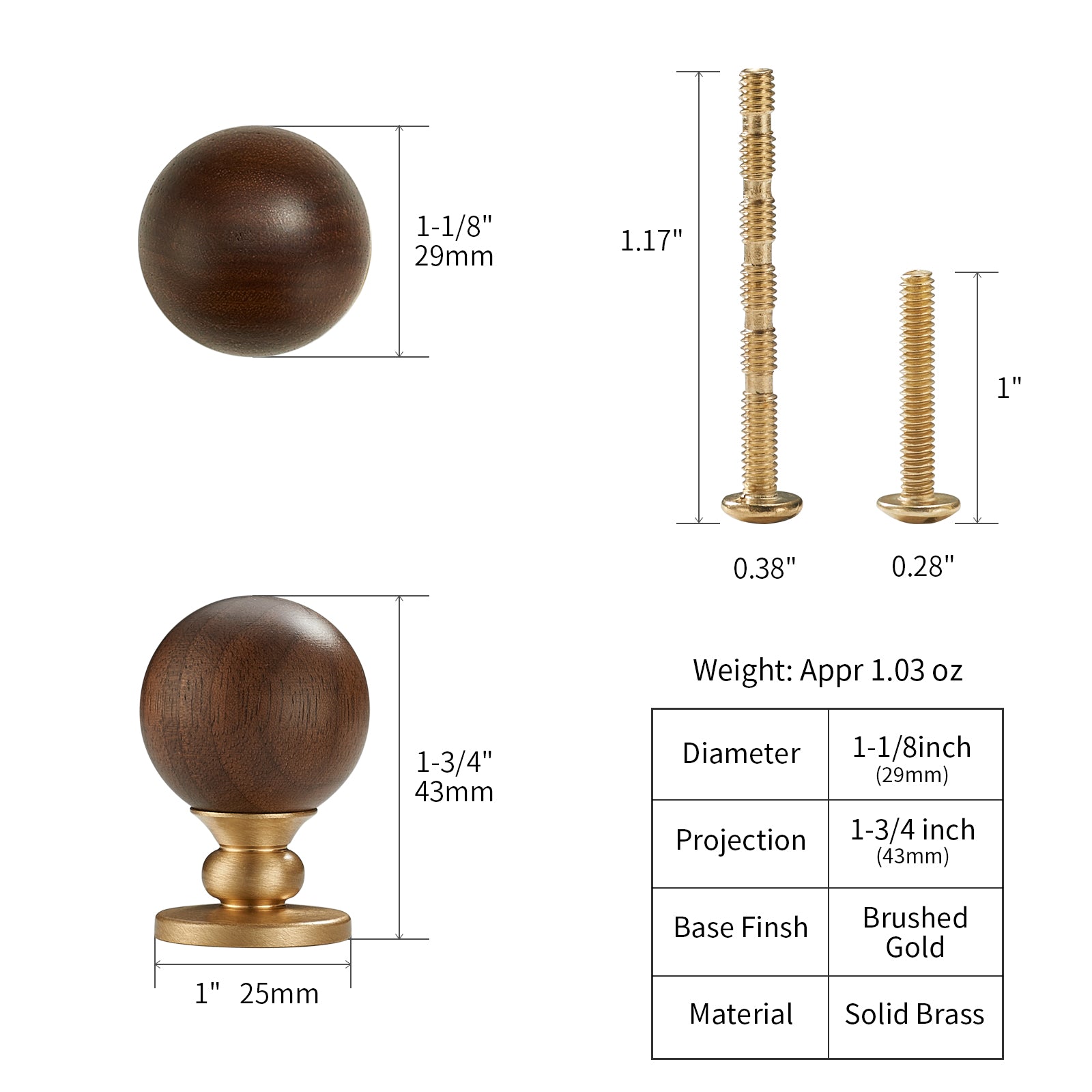 Wood and Brass Cabinet Knobs, 1-1/8inch Round Drawer Pull, Natural Wooden Handle for Furniture, Cabinets, and Drawers