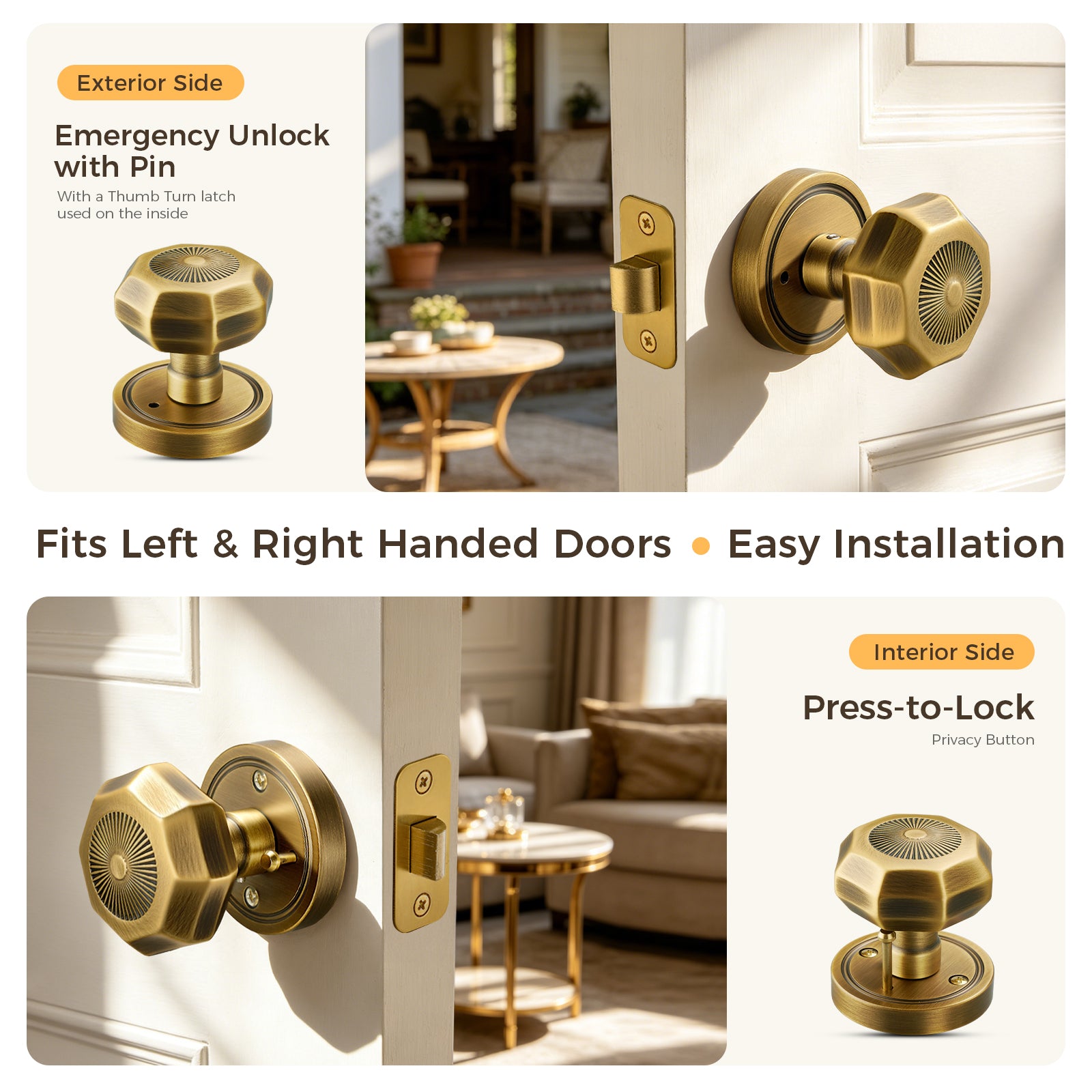 Sunburst Octagonal Antique Brass Privacy Door Knob | Art Deco Brass Handle for Bedroom & Bathroom