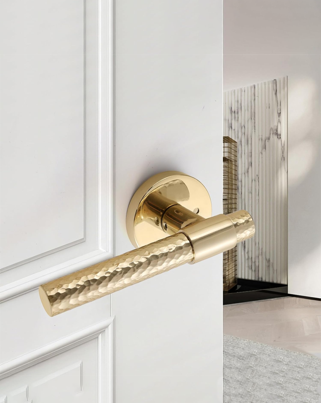 FLIRABBIT Vintage Hand-Hammered Brass Privacy Door Lever – Solid Brass with Polished Finish, Artisan Interior Lock Handle for Bedroom & Bathroom Doors