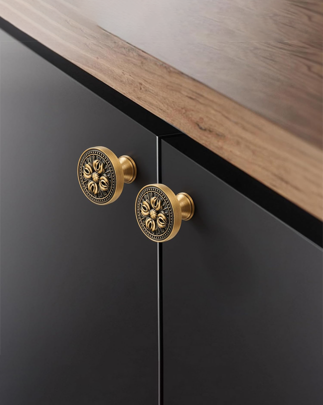 FLIRABBIT10 Pack Antique Brass Cabinet Knobs – Vintage Solid Brass Drawer Pulls with Floral Design, 1.25" Decorative Knobs for Kitchen Cabinets, Wardrobe, Sideboard, Dresser or Bathroom Vanity