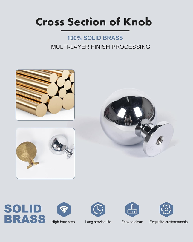 Round-Ball Polished-Chrome Cabinet Knobs - 5 Pack Solid Brass Handles Hardware for Dresser Kitchen Bedroom Bathroom Drawer