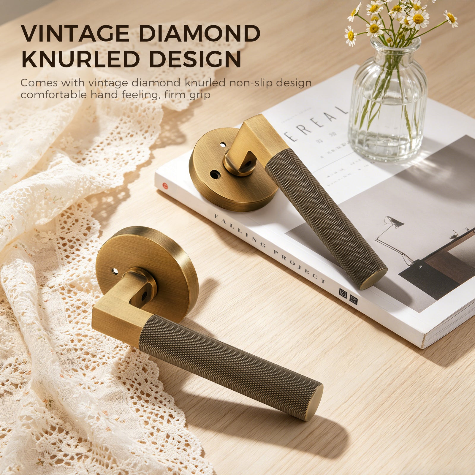 The Art of Precision Knurling | Antique Brushed Brass Diamond-Cut Linear Privacy Door Lever for Bedrooms & Bathrooms