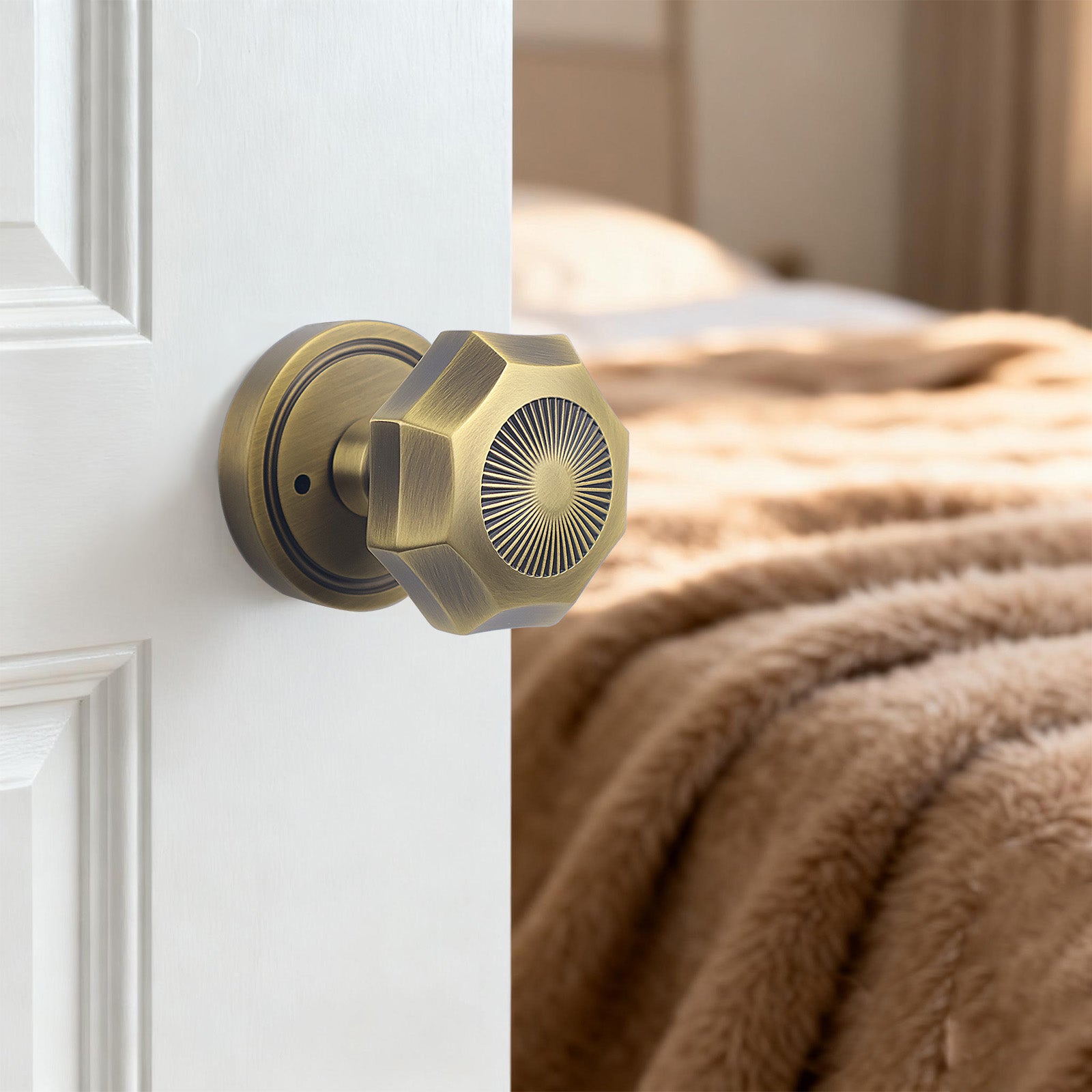 FLIRABBIT Antique Brass Privacy Door Knob Lock – Octagonal Sunburst Design, Solid Brass Handle Easy Install for Bedroom Bathroom Interior Doors (Antique Brass, Privacy-2.375)