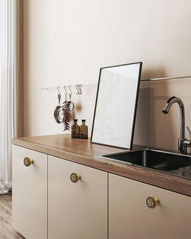 FLIRABBIT10 Pack Antique Brass Cabinet Knobs – Vintage Solid Brass Drawer Pulls with Floral Design, 1.25" Decorative Knobs for Kitchen Cabinets, Wardrobe, Sideboard, Dresser or Bathroom Vanity