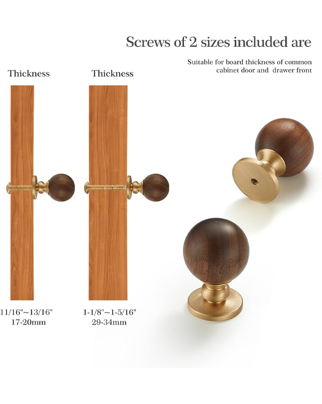 Wood and Brass Cabinet Knobs, 1-1/8inch Round Drawer Pull, Natural Wooden Handle for Furniture, Cabinets, and Drawers 2 Pack