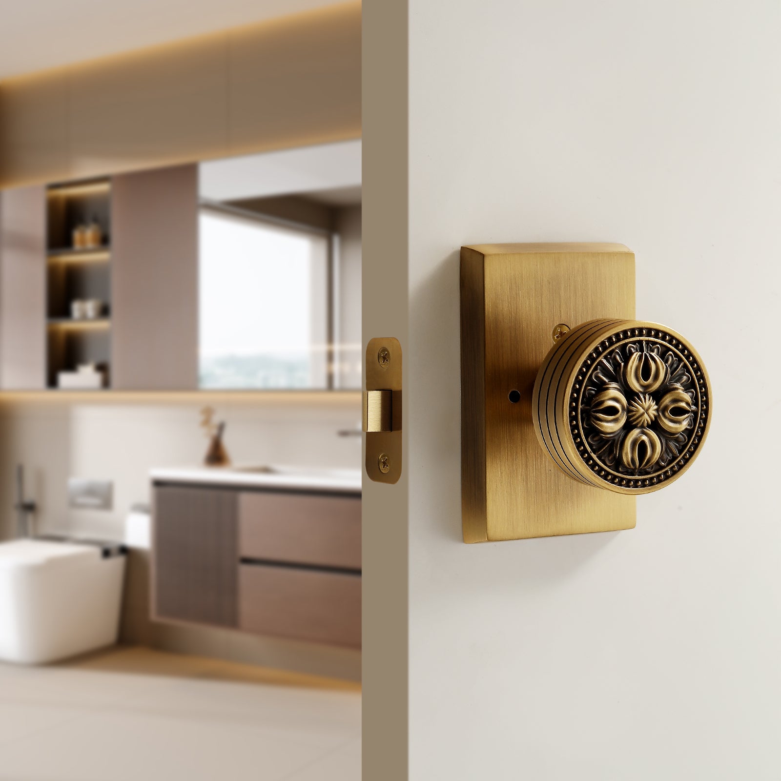 Antique Brass Floral Privacy Door Knob | Square Rosette Brass Handle for Bedroom & Bathroom