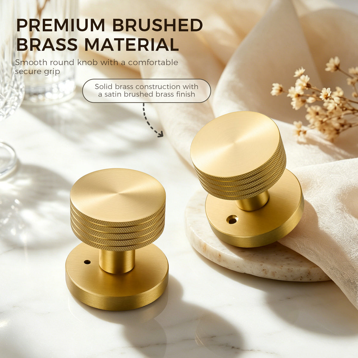 Knurled Brass Privacy Door Knob | Diamond-Grip Brushed Brass Handle for Bedroom & Bathroom