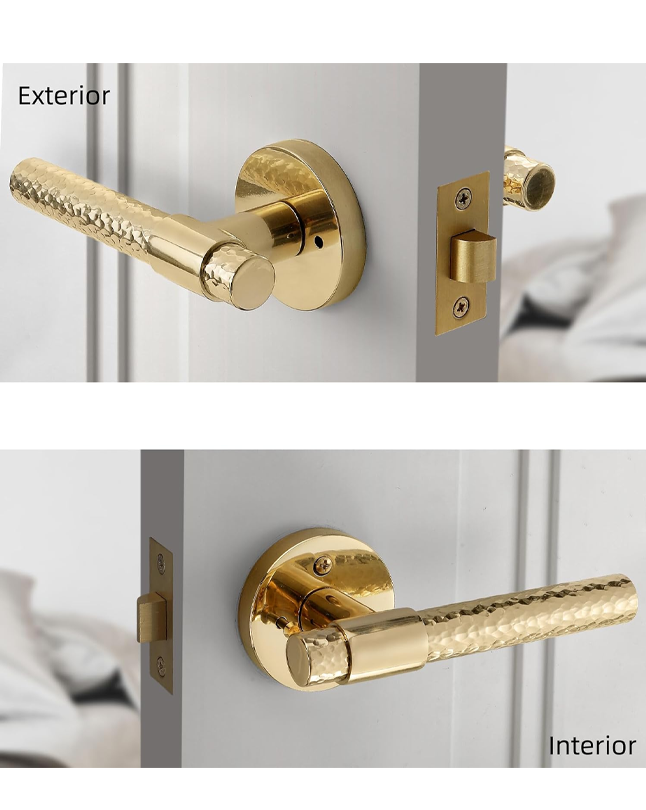 FLIRABBIT Vintage Hand-Hammered Brass Privacy Door Lever – Solid Brass with Polished Finish, Artisan Interior Lock Handle for Bedroom & Bathroom Doors