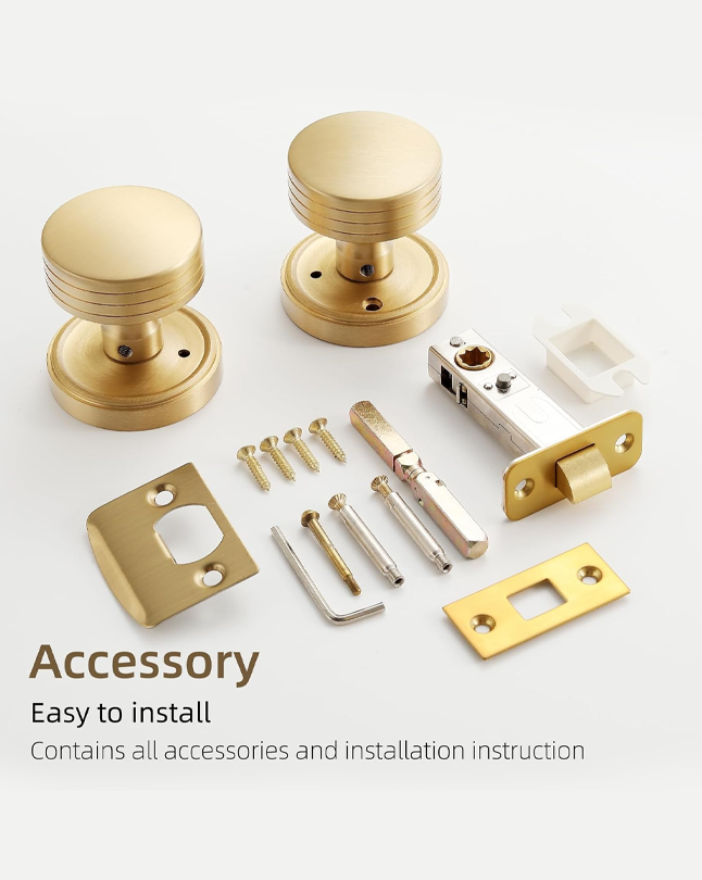Minimalist Brass Privacy Door Knob – Decorative Groove Design, Brushed Brass Finish, Solid Brass Latch – 60mm Fixed Backset for Bedroom & Bathroom (Brushed Brass, Privacy-2.375 in)