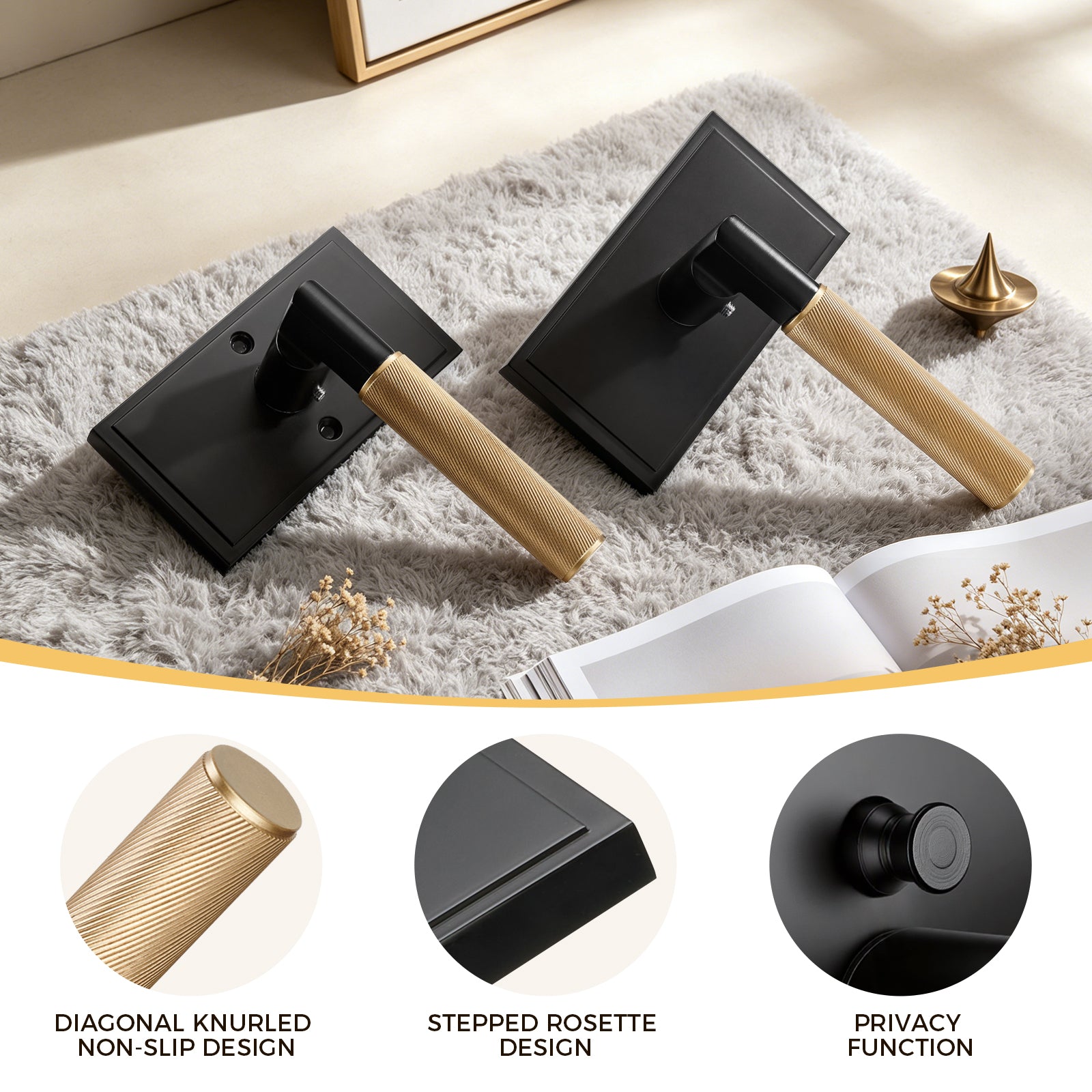 Close-up details of solid brass knurled texture and matte black rectangular rosette