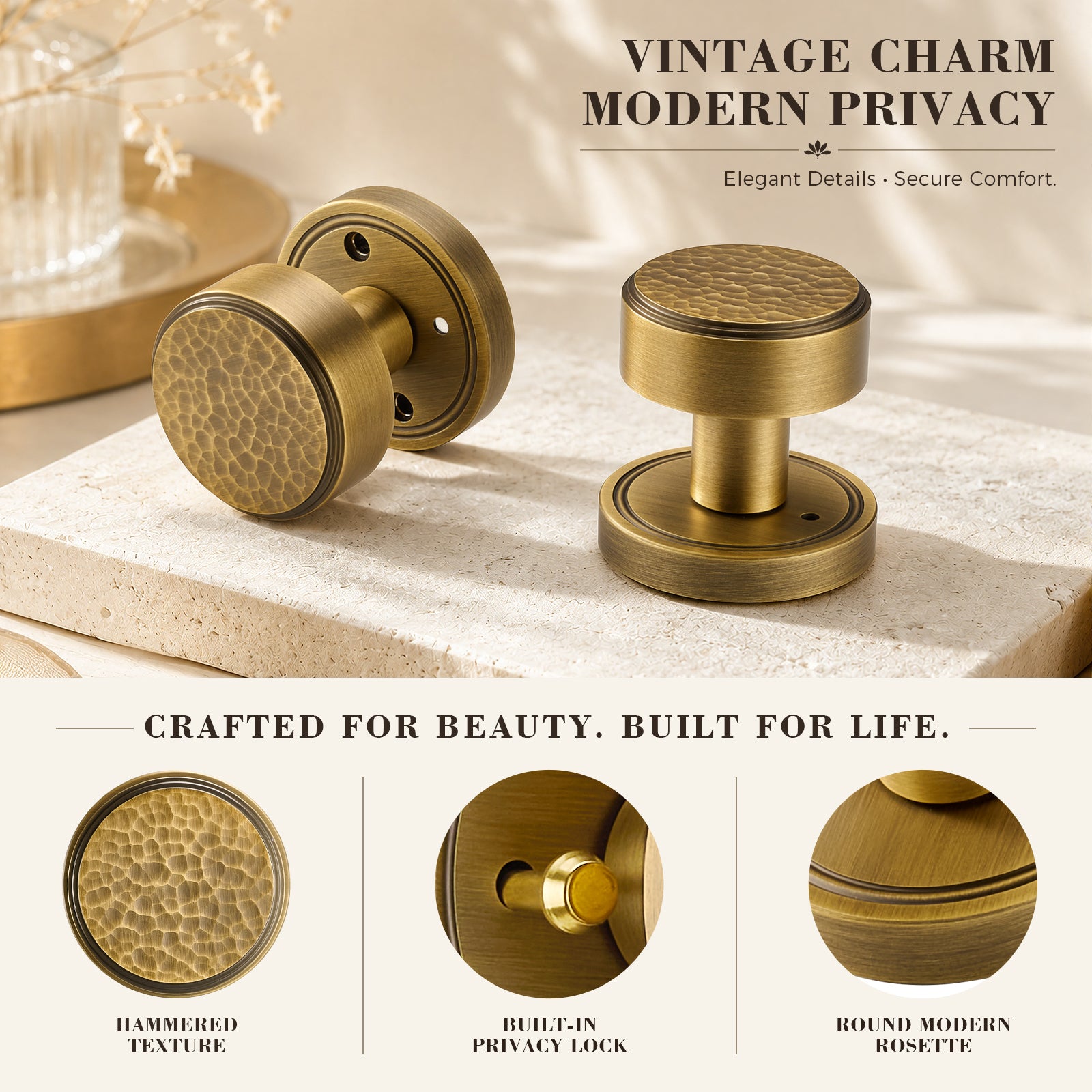 Antique brass privacy door knob feature overview showing hammered texture, privacy lock pin, and round rosette