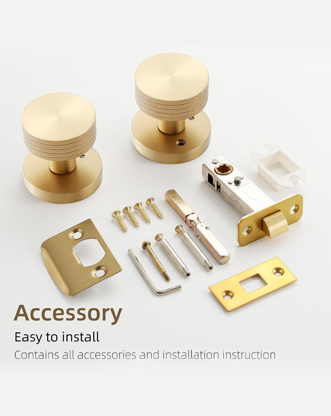 Knurled Brass Privacy Door Knob – Industrial Style Grip Handle, Solid Brass Build, Brushed Finish – 60mm Latch for Bedroom & Bathroom (Brushed Brass, Privacy-2.375 in)