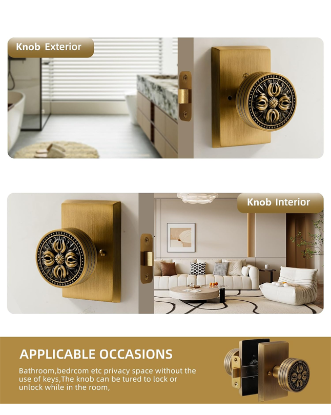 FLIRABBIT Antique Brass Vintage Floral Door Knob – Solid Brass Construction, Vintage Design, Secure and Durable for Home and Office (Antique Brass, Privacy)