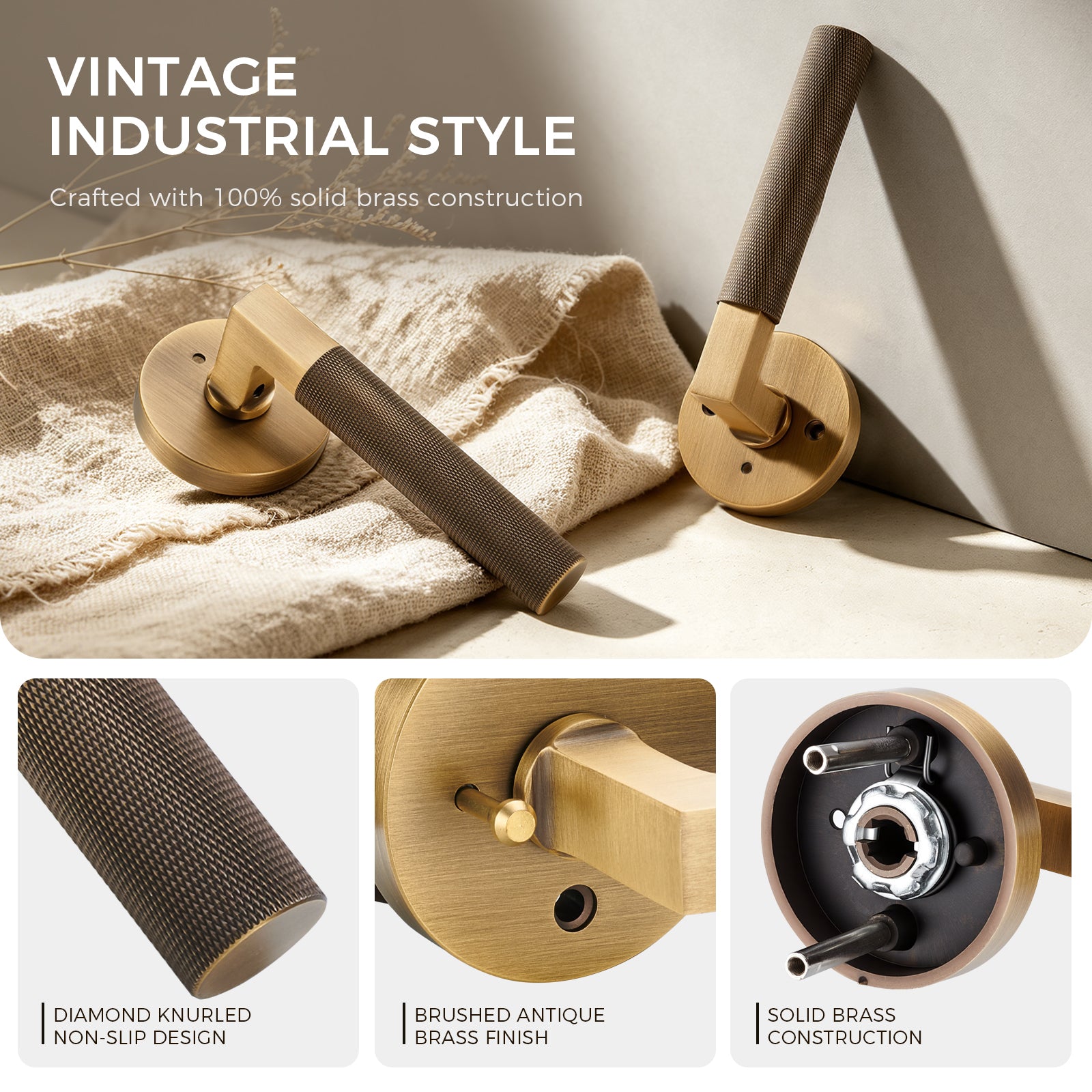 The Art of Precision Knurling | Antique Brushed Brass Diamond-Cut Linear Privacy Door Lever for Bedrooms & Bathrooms