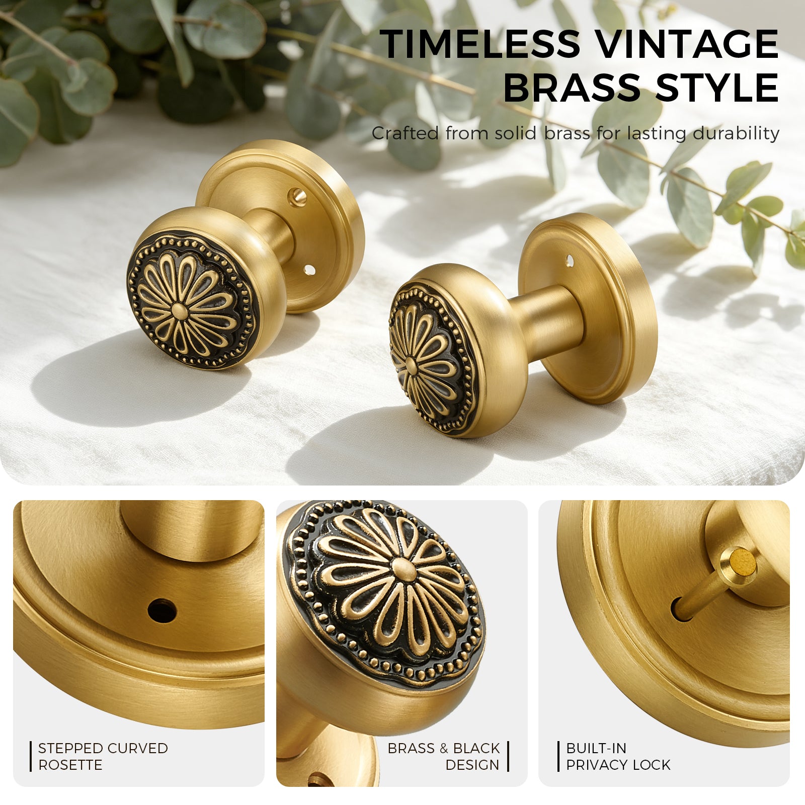 Brushed Brass Floral Privacy Door Knob | Brass-on-Black Art Deco Handle for Bedroom & Bathroom