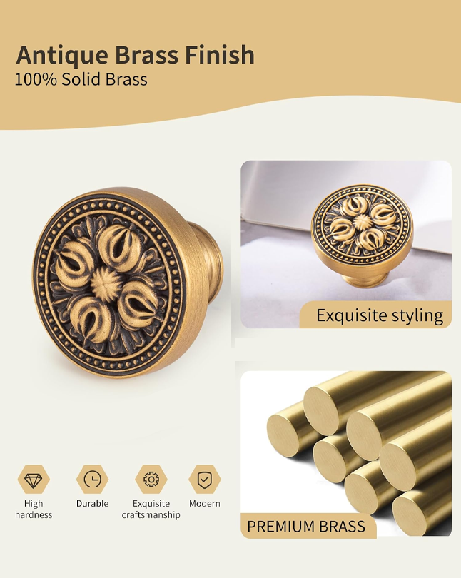 FLIRABBIT10 Pack Antique Brass Cabinet Knobs – Vintage Solid Brass Drawer Pulls with Floral Design, 1.25" Decorative Knobs for Kitchen Cabinets, Wardrobe, Sideboard, Dresser or Bathroom Vanity