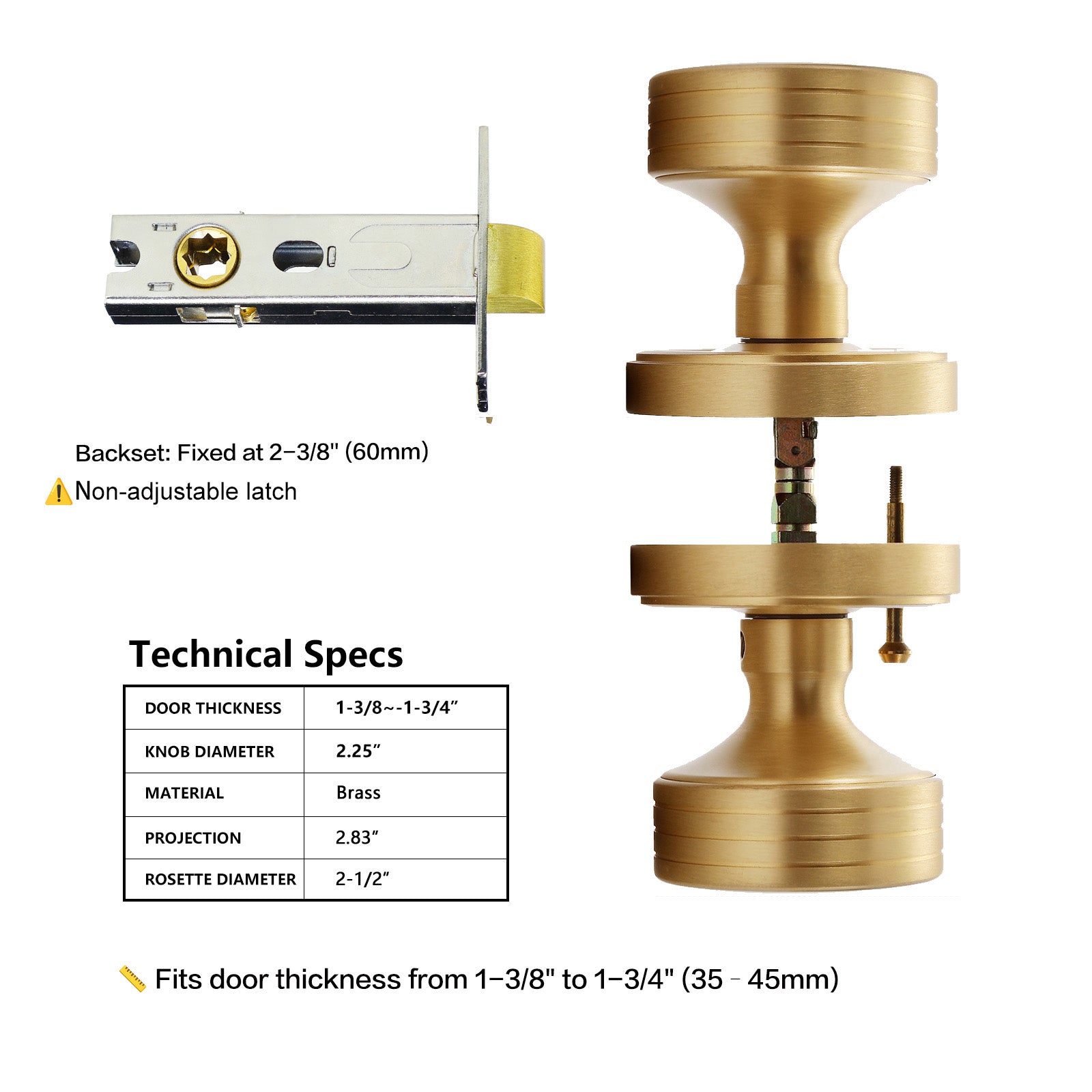 Minimalist Brass Passage Door Knobs – Decorative Groove Design, Brushed Brass Finish, 60mm Fixed Backset for for Hallway, Closet, Guest Room (Brushed Brass, Passage-2.375 in)