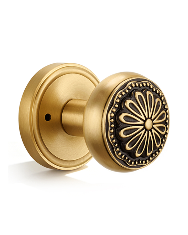 Brushed Brass Floral Privacy Door Knob | Brass-on-Black Art Deco Handle for Bedroom & Bathroom