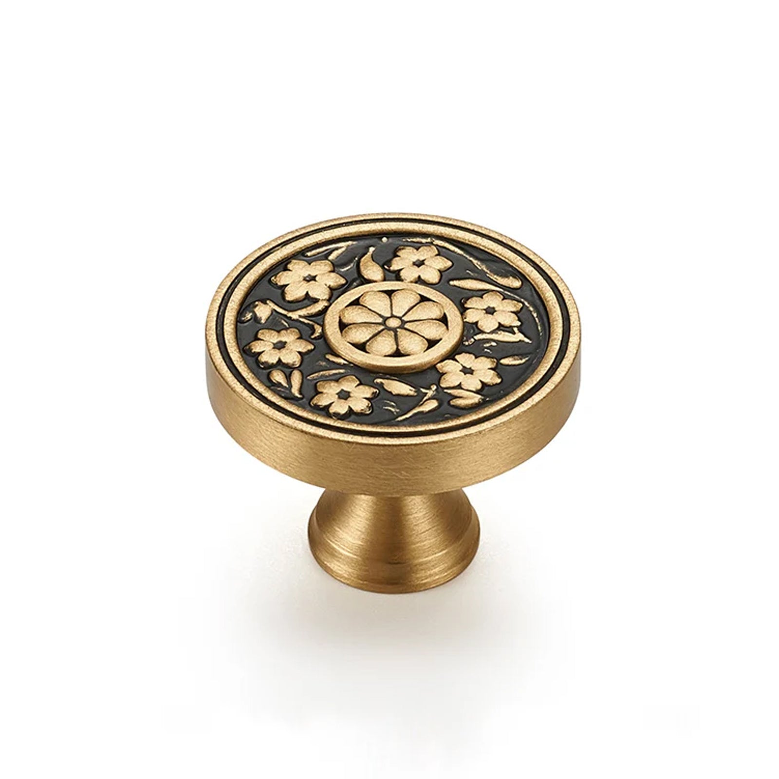 Flirabbit Floral Garden brushed brass cabinet knob with black engraved flower design isolated on white background