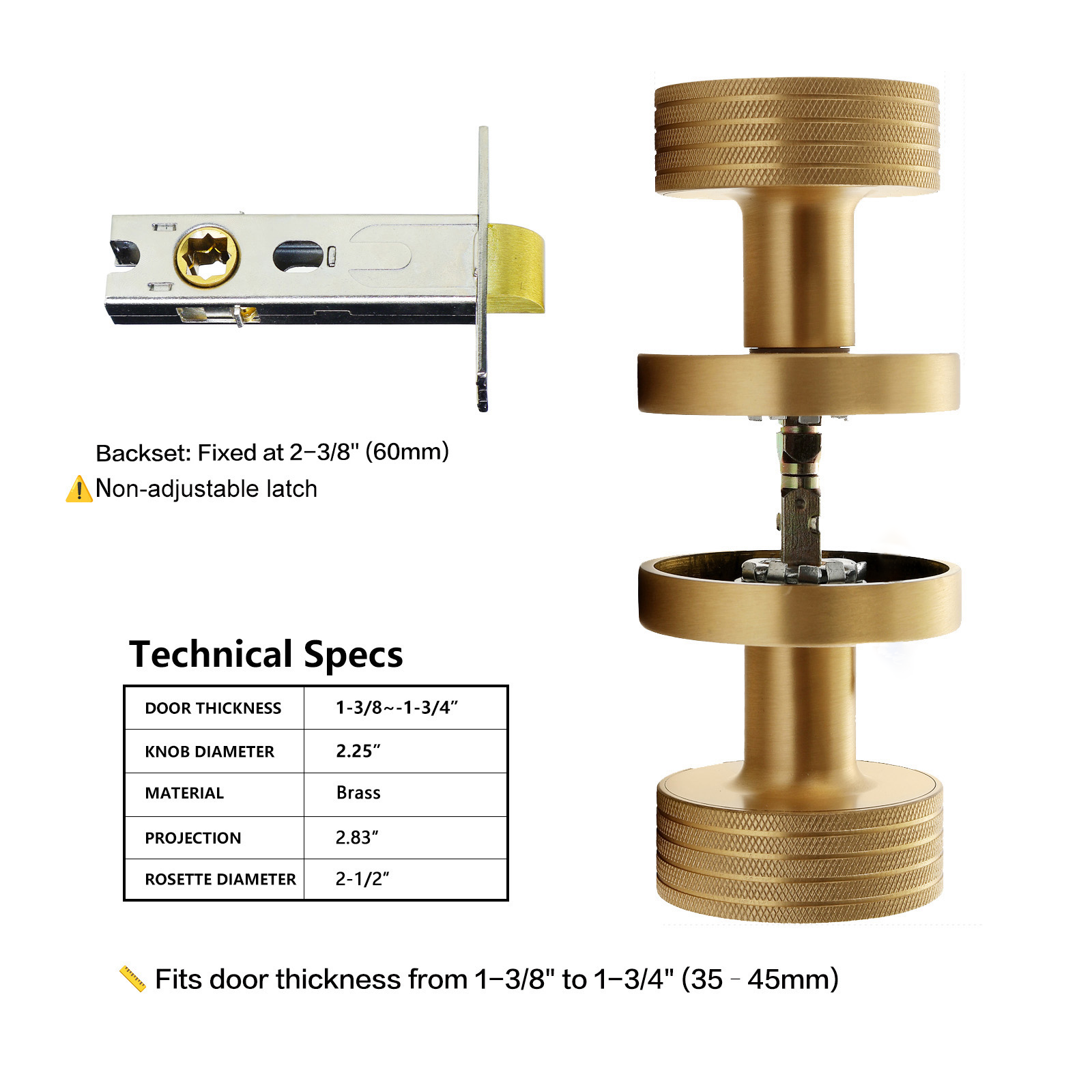 Technical specifications and dimension chart for knurled brass passage door knob with 2-3/8 inch backset