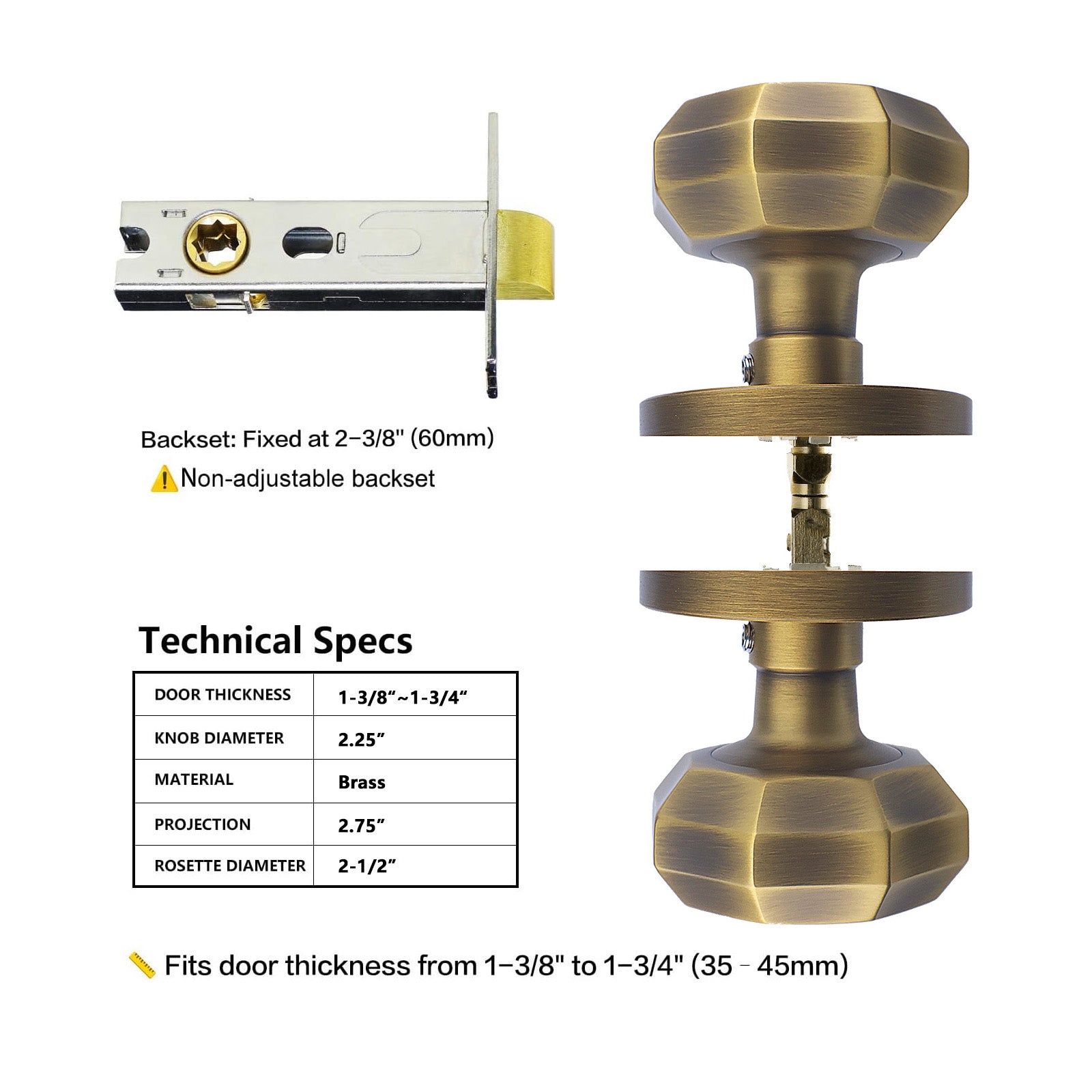 Technical specifications diagram for antique brass passage door knob with 2-3/8 inch 60mm fixed backset