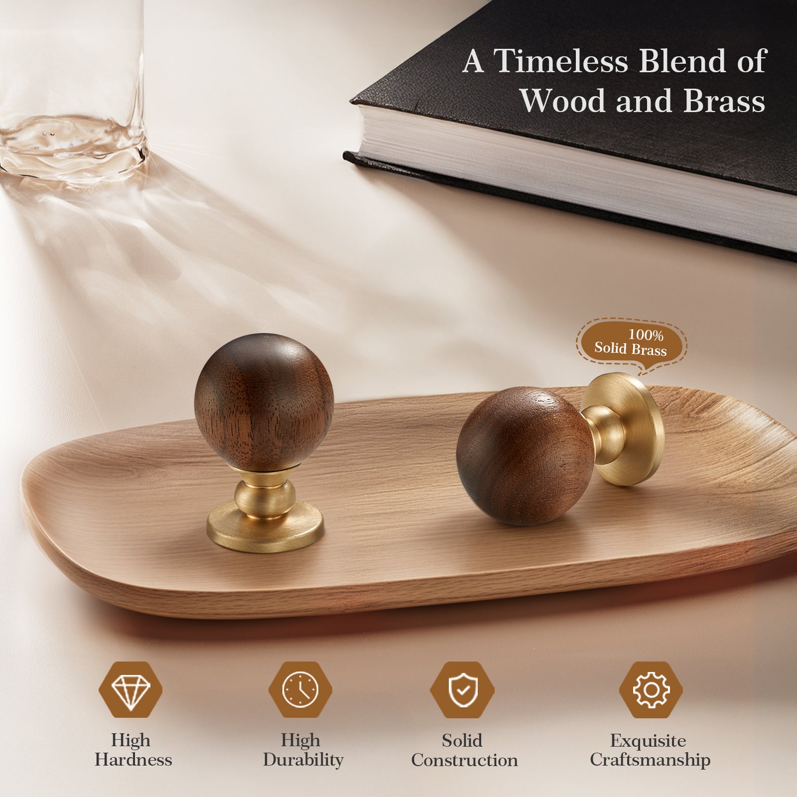 Wood and Brass Cabinet Knobs, 1-1/8inch Round Drawer Pull, Natural Wooden Handle for Furniture, Cabinets, and Drawers