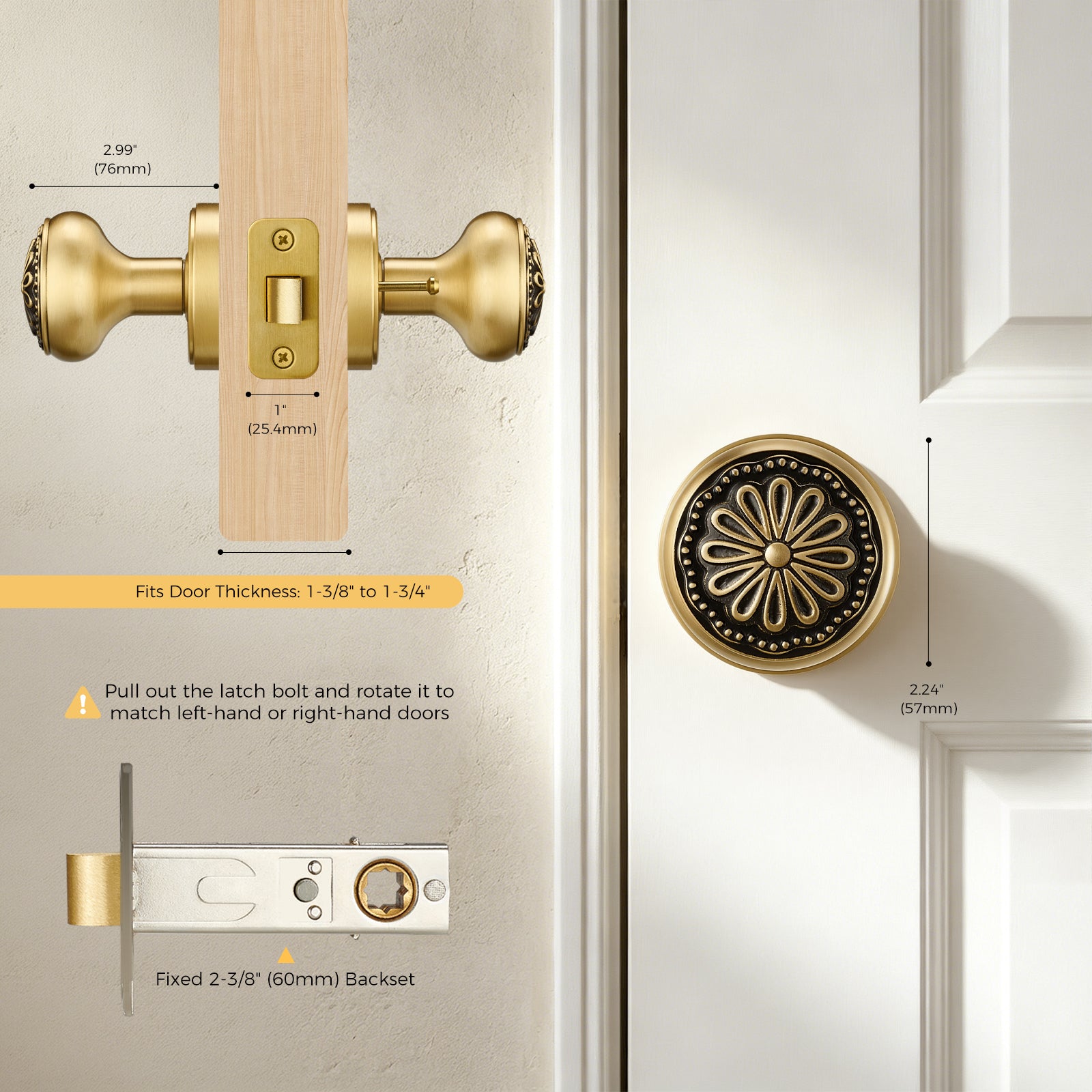 Brushed Brass Floral Privacy Door Knob | Brass-on-Black Art Deco Handle for Bedroom & Bathroom