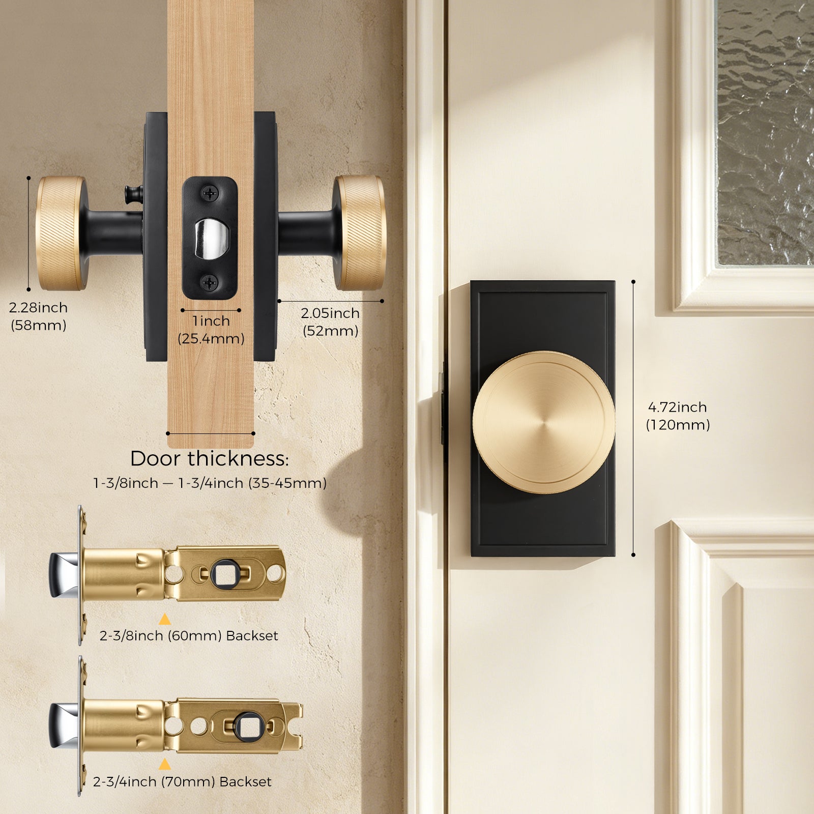 Dimension diagram of privacy door knob with adjustable latch