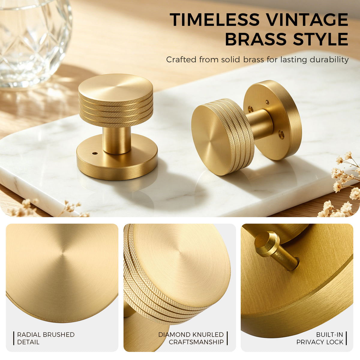 Knurled Brass Privacy Door Knob | Diamond-Grip Brushed Brass Handle for Bedroom & Bathroom