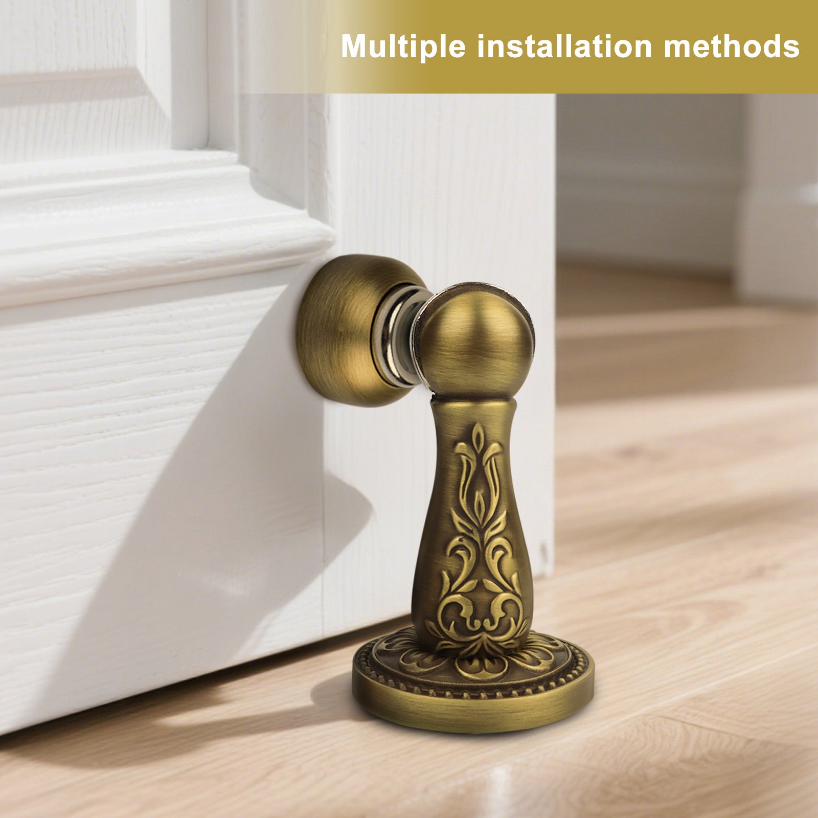 Antique Brass Magnetic Door Stop | Decorative Floral Brass Door Catch with Wall Magnet for Floor Mount